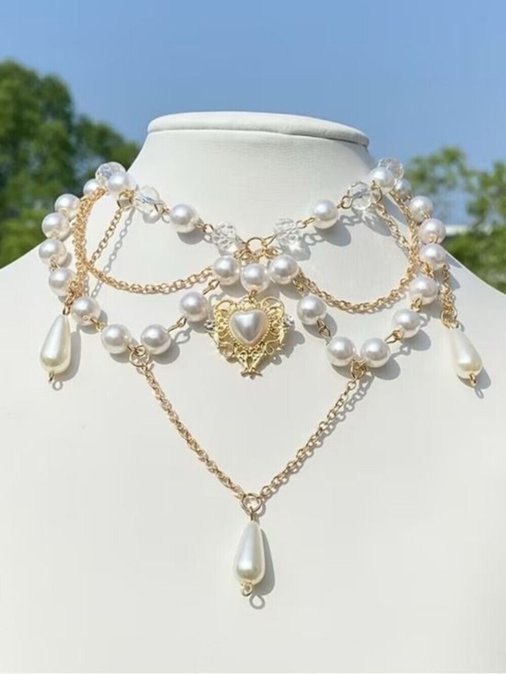 Gold Pearl Layered Heart Chandelier Necklace
